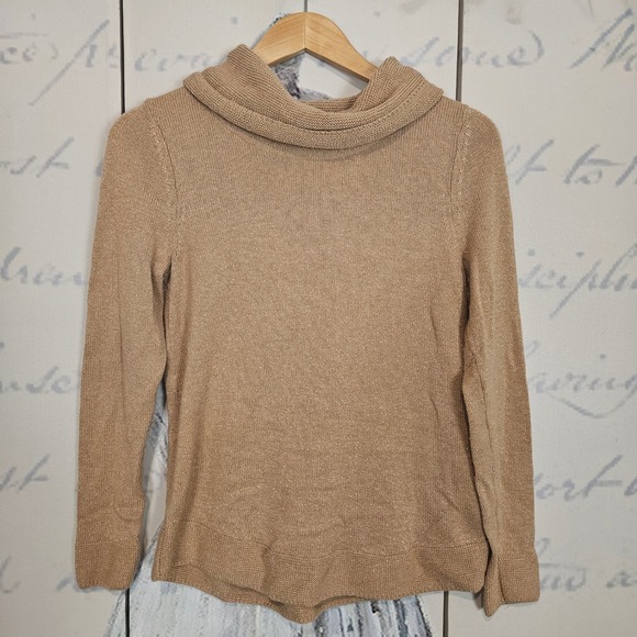 Chico's Sweaters - Chicos Cowl Neck Long Sleeve Sweater Metallic Thread Size 0 (S) Tan Gold